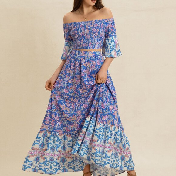 Smocked Off-Shoulder Printed Top and Skirt Set - Picture 3 of 10